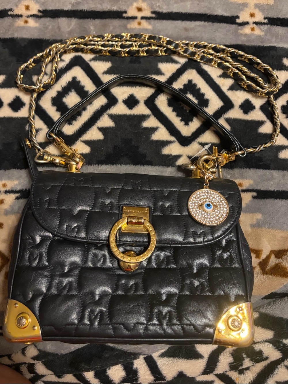 Metro City EUC Black Quilted Leather Shoulder Bag with Gold Hardware and Charm